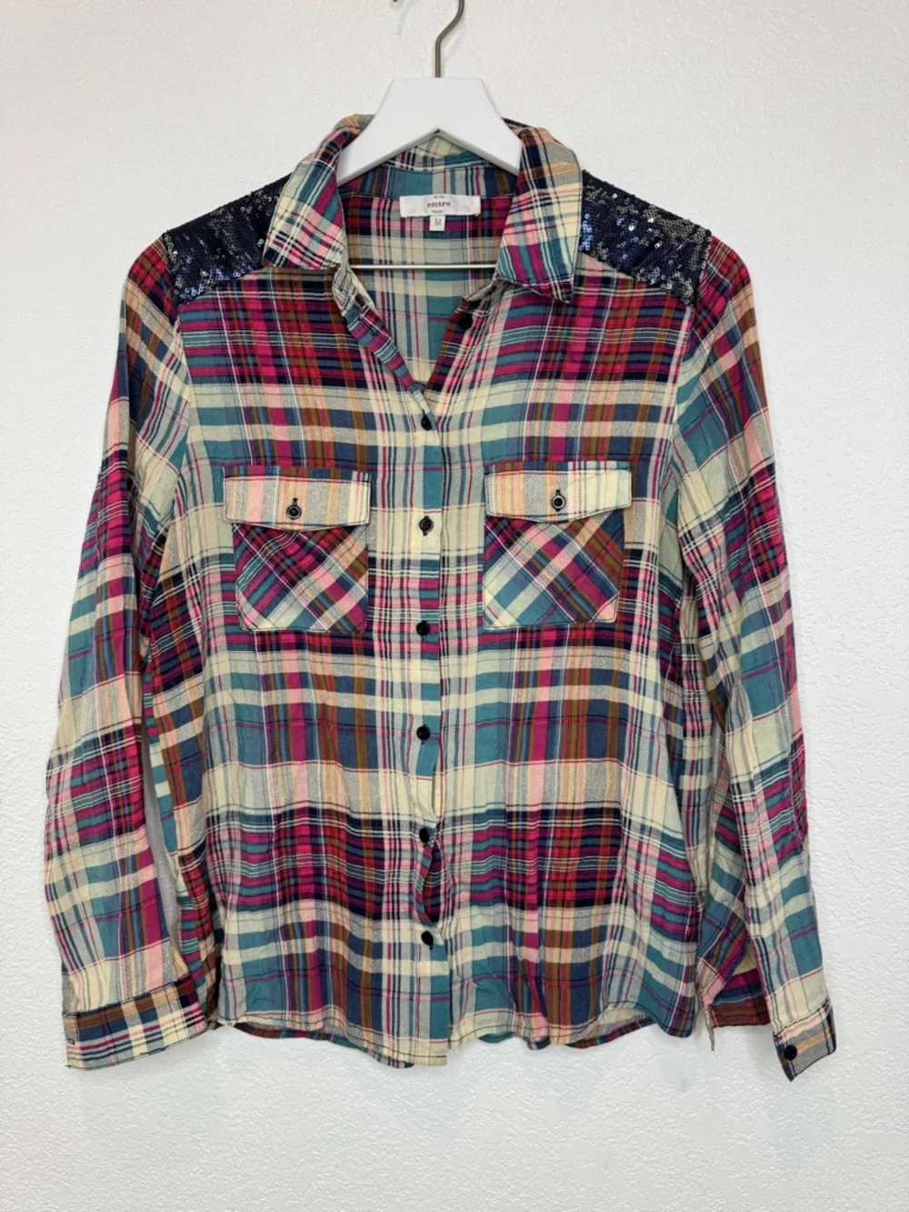 Entro Plaid Button Down Sequin Top